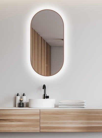 Nomi spiegel met lijst ovaal met LED, dimbaar en spiegelverwarming 50 x 100 cm geborsteld brons koper - WDtegels