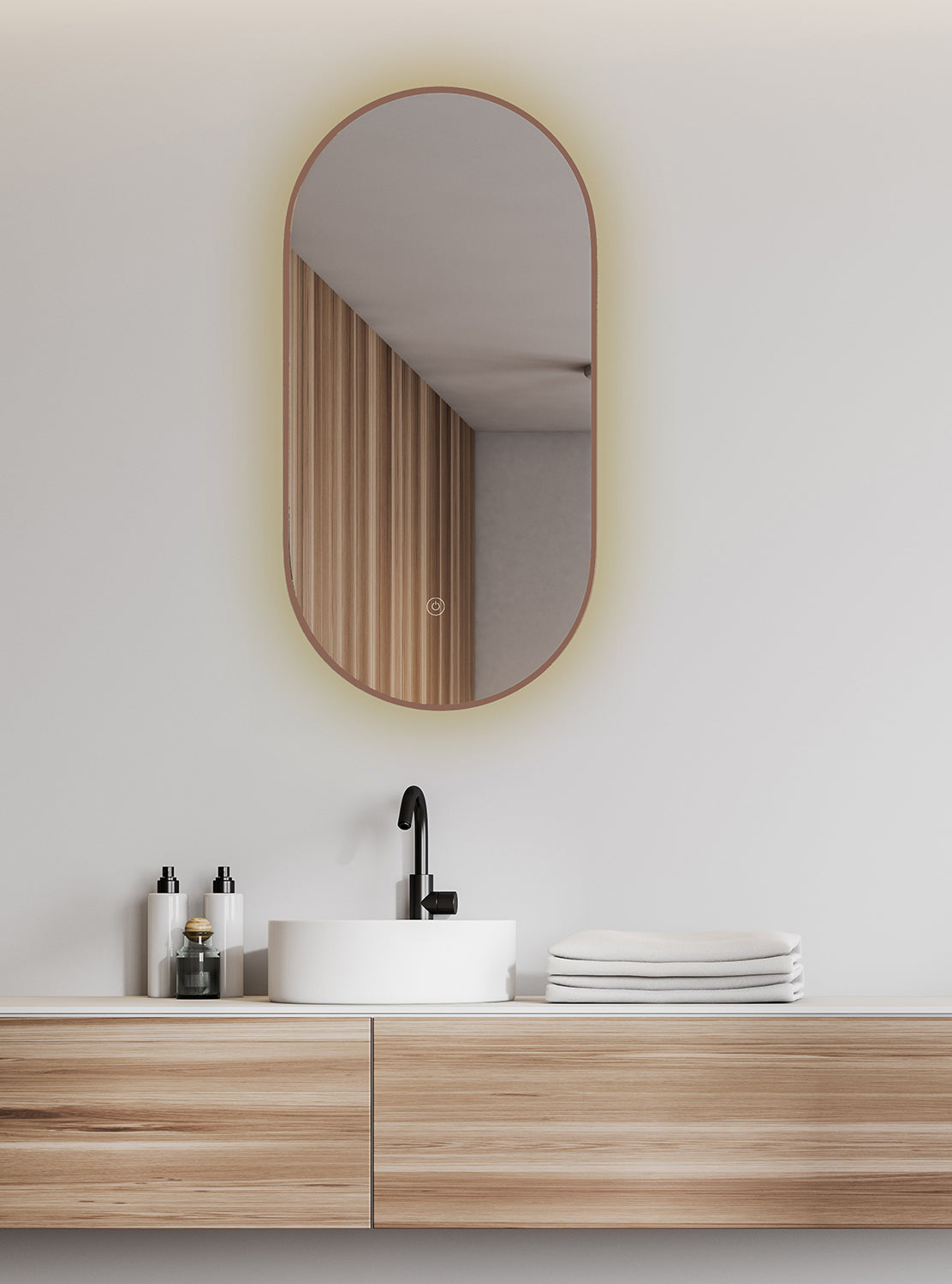 Nomi spiegel met lijst ovaal met LED, dimbaar en spiegelverwarming 50 x 100 cm geborsteld brons koper - WDtegels