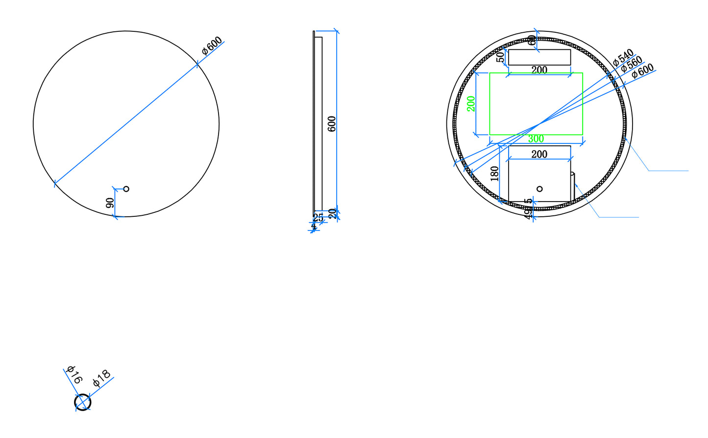 Maattekening Giro ronde badkamerspiegel 60cm