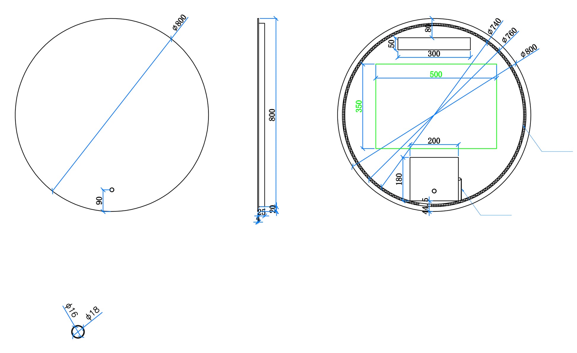 Maattekening Giro ronde badkamerspiegel 80cm