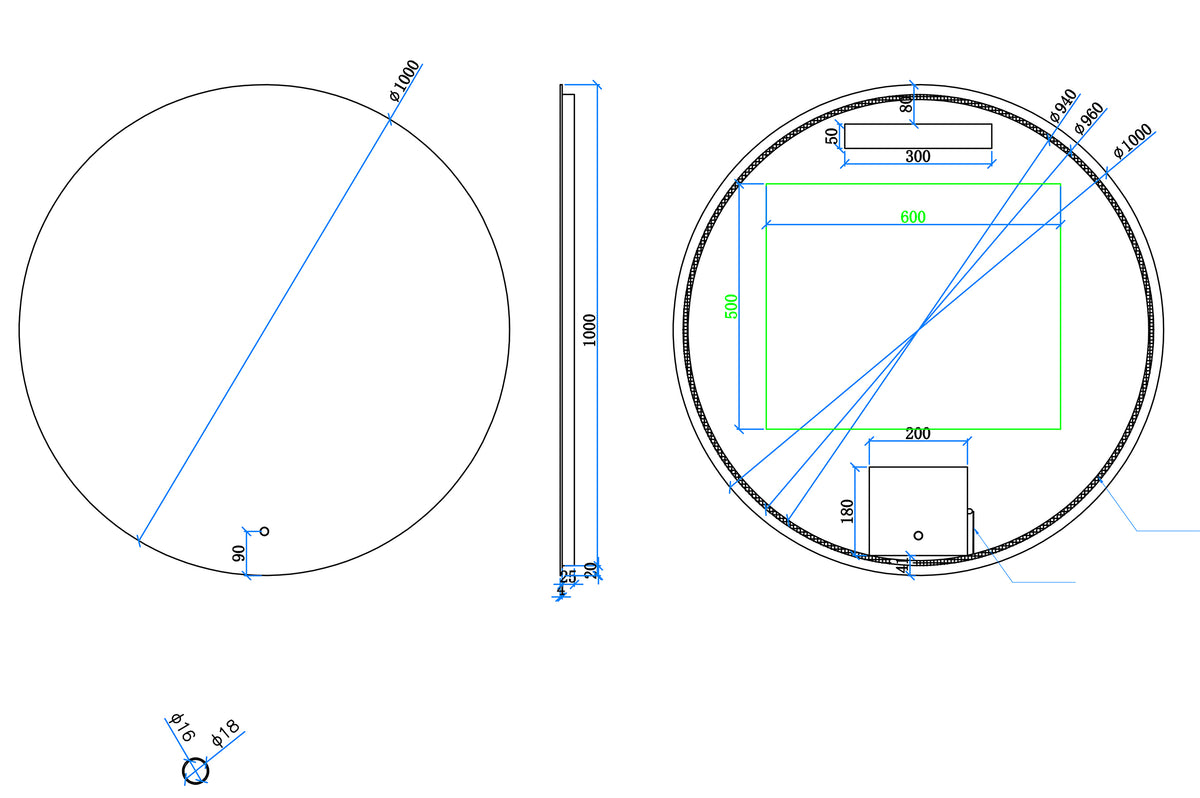 Maattekening Giro ronde badkamerspiegel 100cm