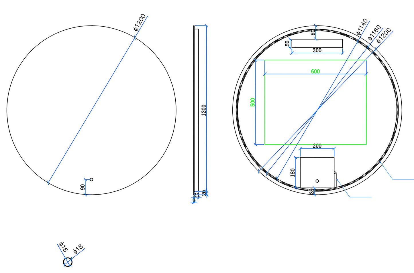 Maattekening Giro ronde badkamerspiegel 120cm