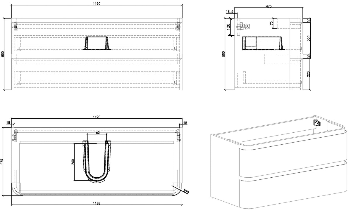 Maattekening Novira onderkast 120x48cm mat wit