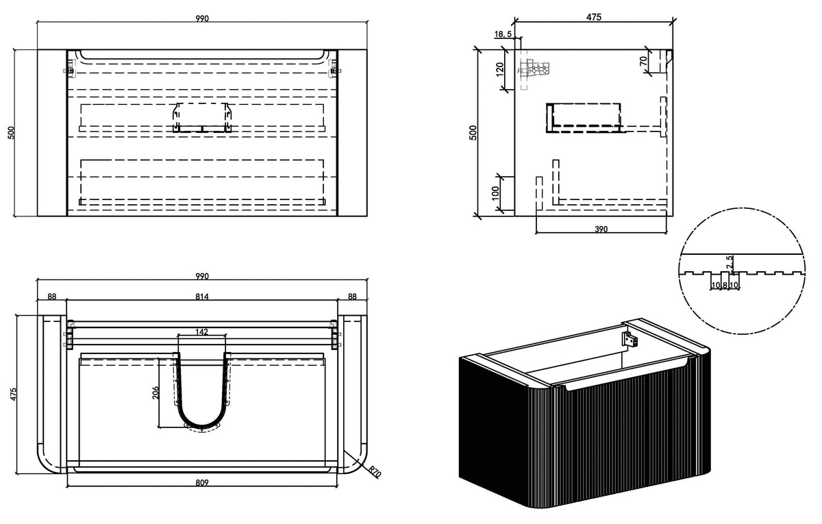 Maattekening Sulora geribbelde onderkast 100x48cm mat beige