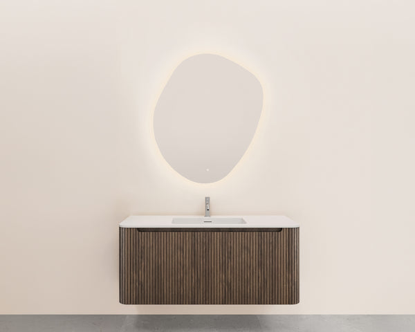 Sulora geribbelde onderkast met afgeronde hoeken | 1 lade | 1 uitsparing | 120x48cm | Bruin eiken