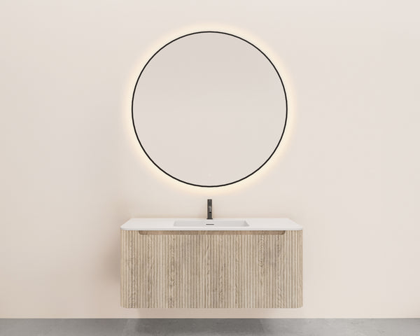 Sulora geribbelde onderkast met afgeronde hoeken | 1 lade | 1 uitsparing | 120x48cm | Licht eiken