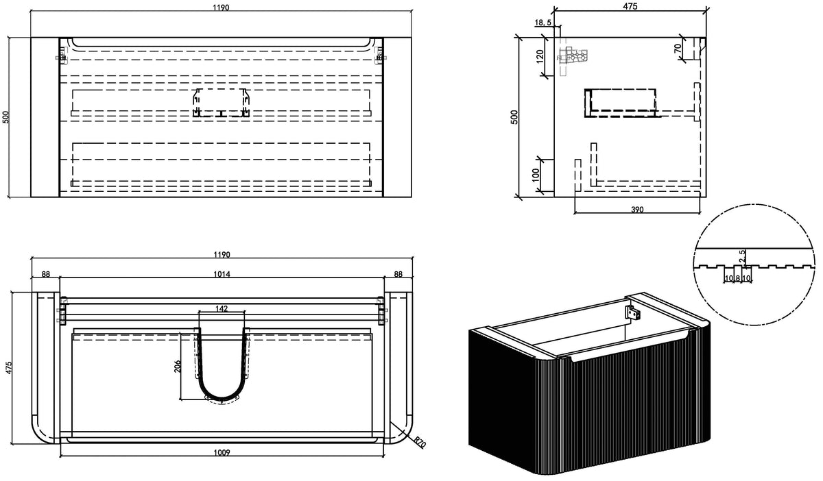 Maattekening Sulora geribbelde onderkast 120x48cm licht eiken