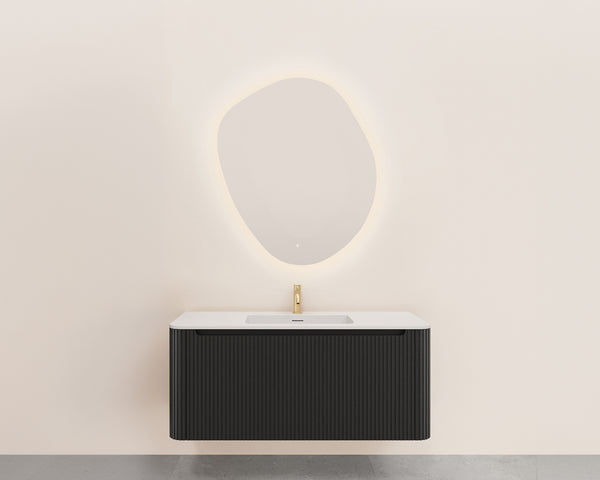 Sulora geribbelde onderkast met afgeronde hoeken | 1 lade | 1 uitsparing | 120x48cm | Mat zwart