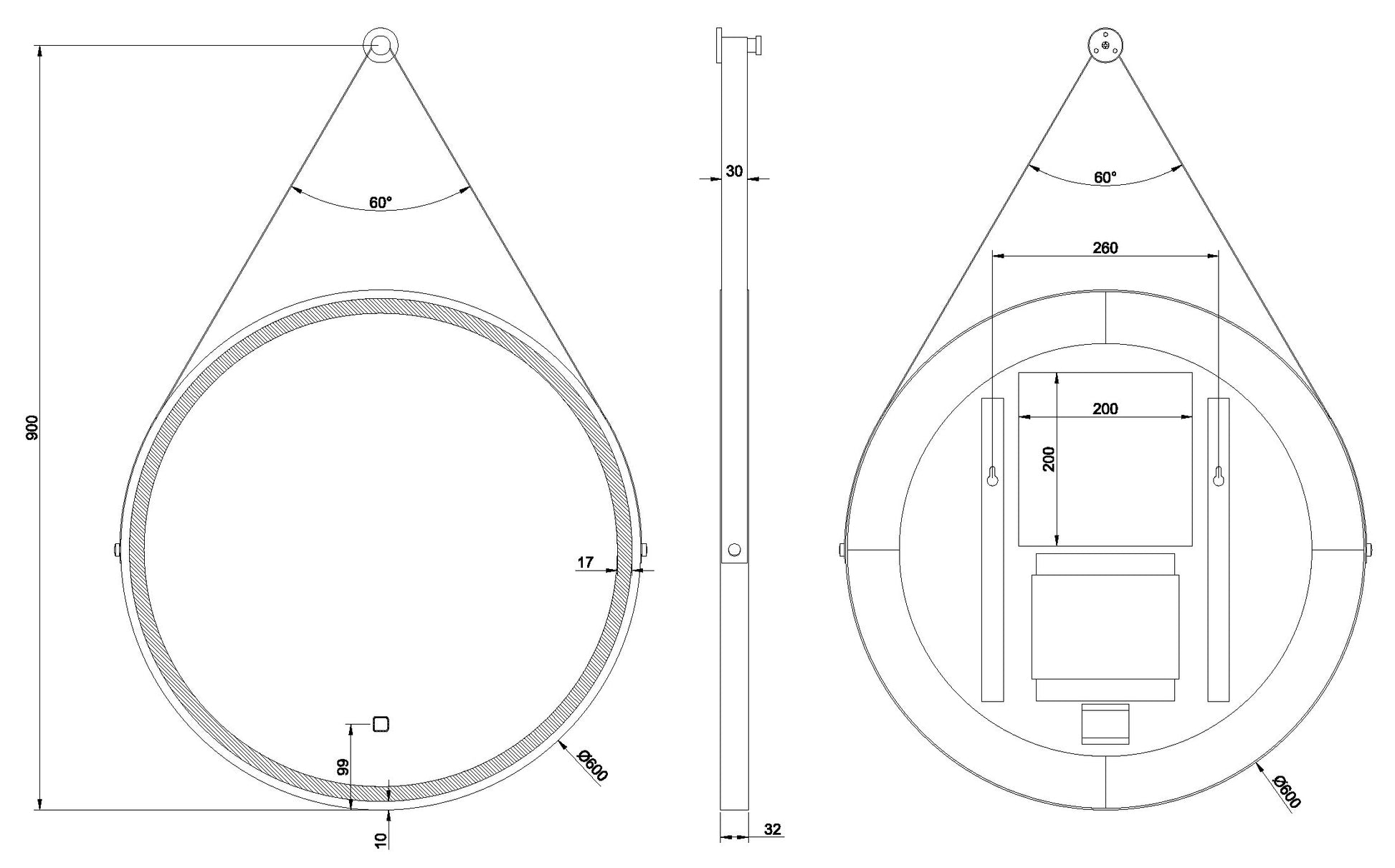 Cinto spiegel 60 cm rond met band, LED, dimbaar en spiegelverwarming mat zwart - WDtegels