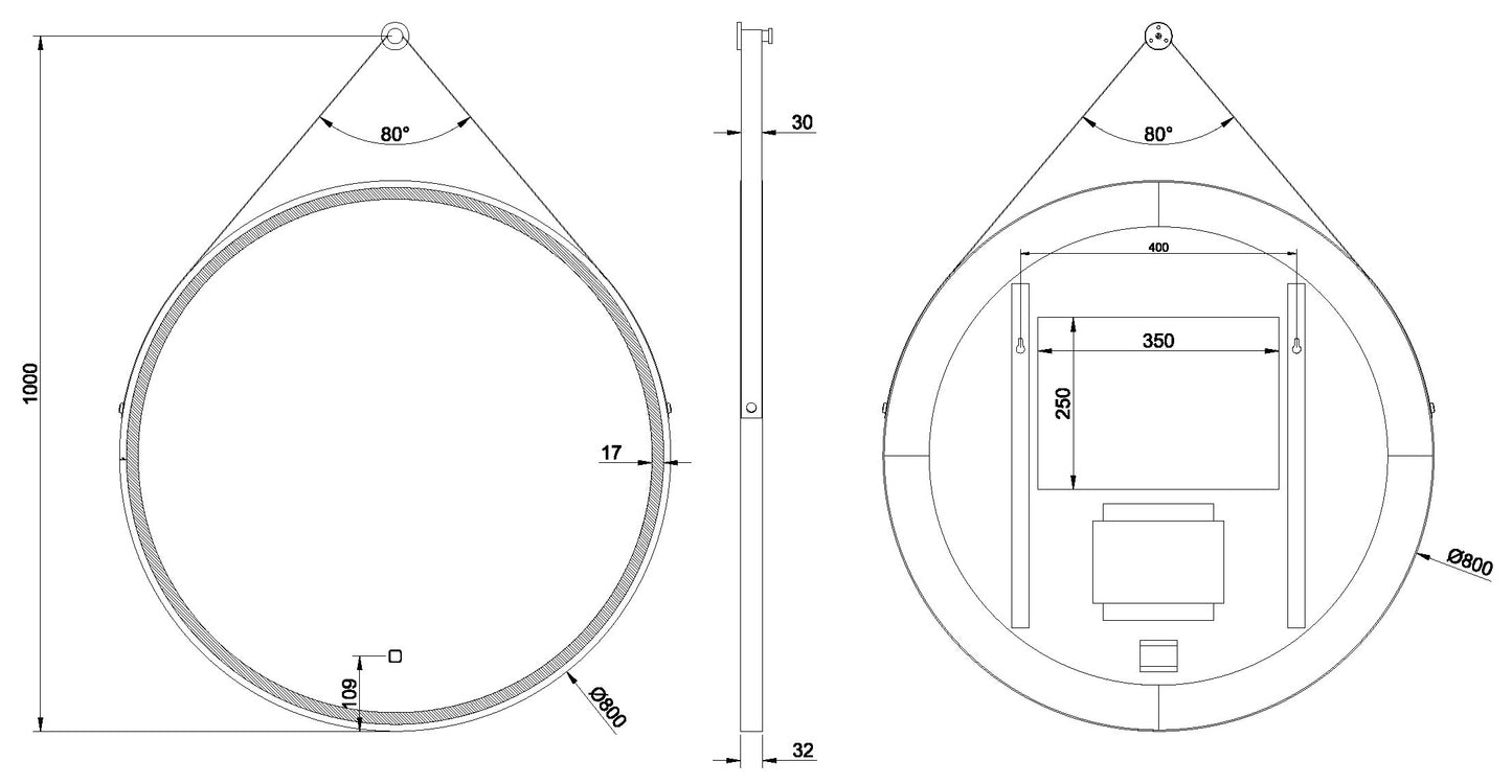 Cinto spiegel 80 cm rond met band, LED, dimbaar en spiegelverwarming mat zwart - WDtegels