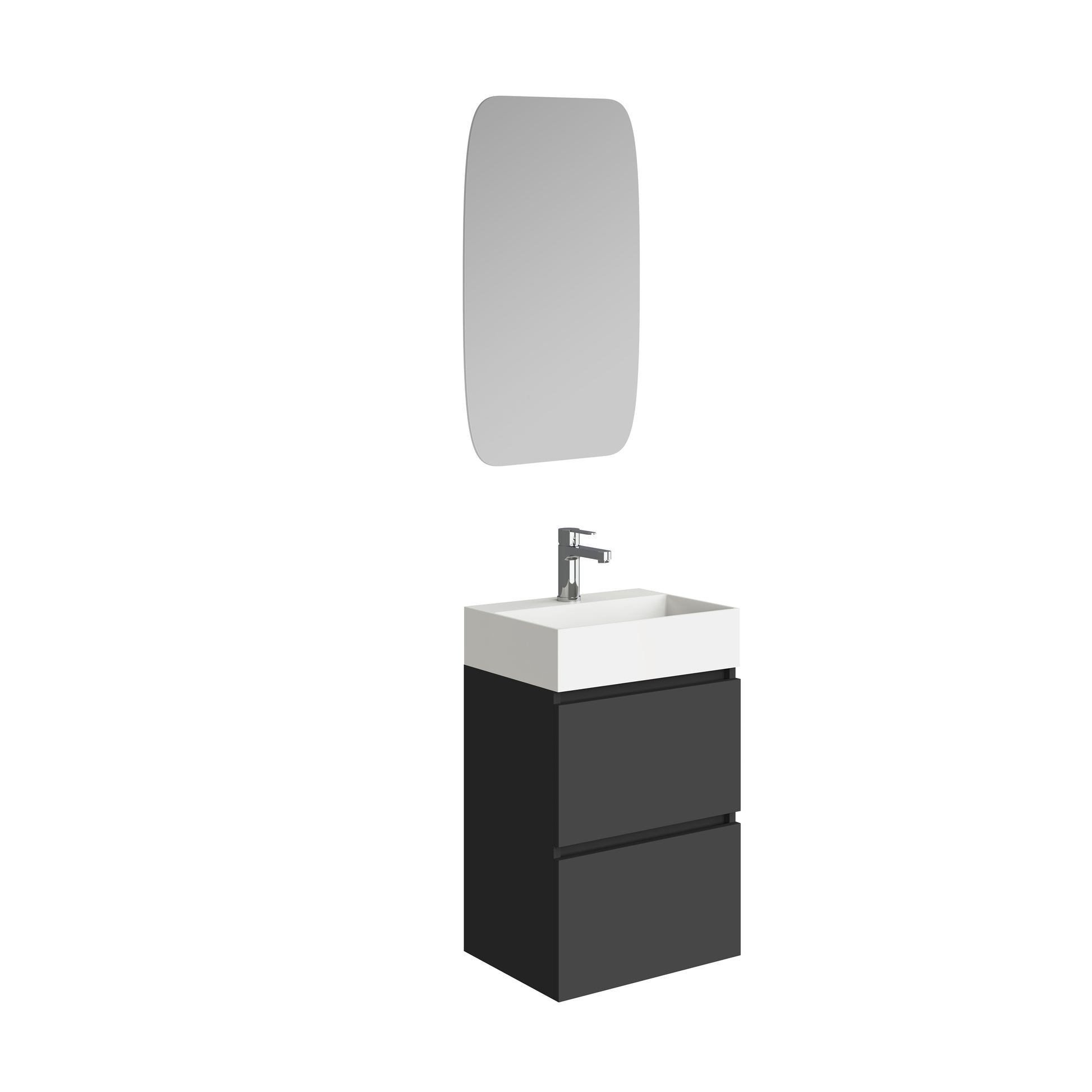 Mini onderkast met 2 laden mat zwart en wastafel keramiek glans wit 45 cm inclusief spiegel - WDtegels