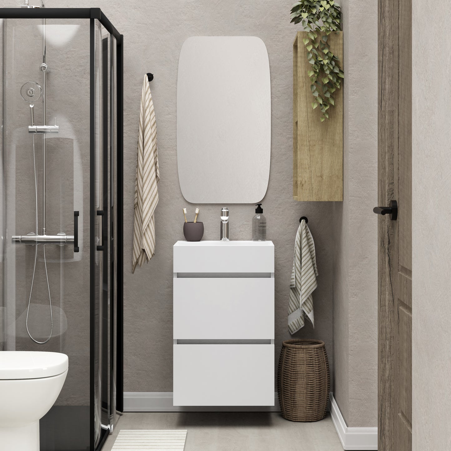 Mini onderkast met 2 laden glans wit en wastafel keramiek glans wit 45 cm inclusief spiegel - WDtegels