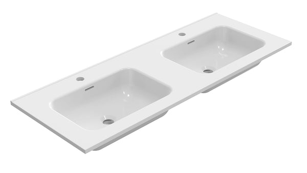 Bajo dubbele meubelwastafel | 120x46x1,8cm | 2 kraangaten | Keramiek glans wit