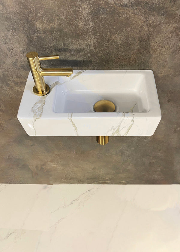 Fonteinset Rhea S mini links carrara, kraan, sifon en afvoerplug | 36x18x9cm | Geborsteld messing