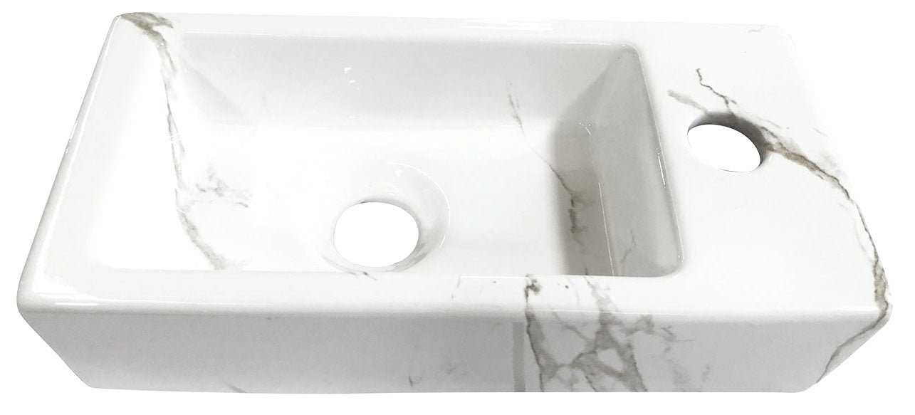 Fonteinset Rhea S mini met fontein rechts carrara, kraan, sifon en afvoerplug geborsteld messing - WDtegels
