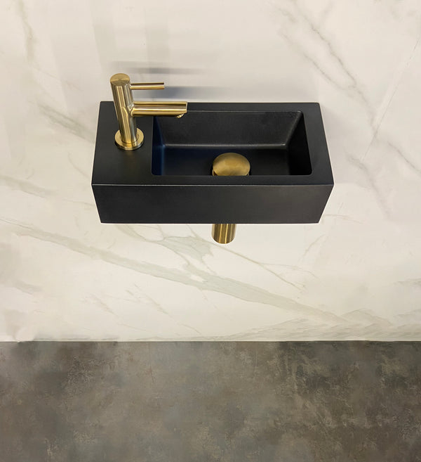 Fonteinset Rhea S mini links quartz, kraan, sifon en afvoerplug | 36x18x9cm | Geborsteld messing