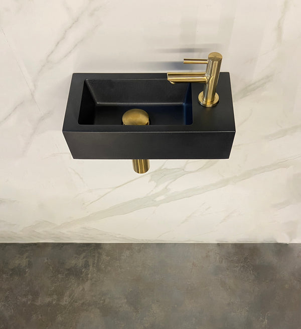 Fonteinset Rhea S mini rechts quartz, kraan, sifon en afvoerplug | 36x18x9cm | Geborsteld messing