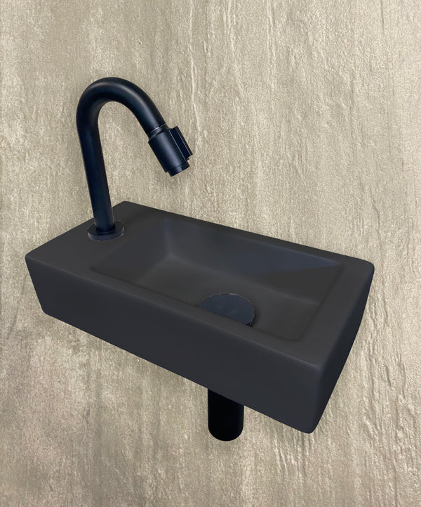Fonteinset Rhea S mini links quartz, kraan, sifon en afvoerplug | 36x18x9cm | Mat zwart