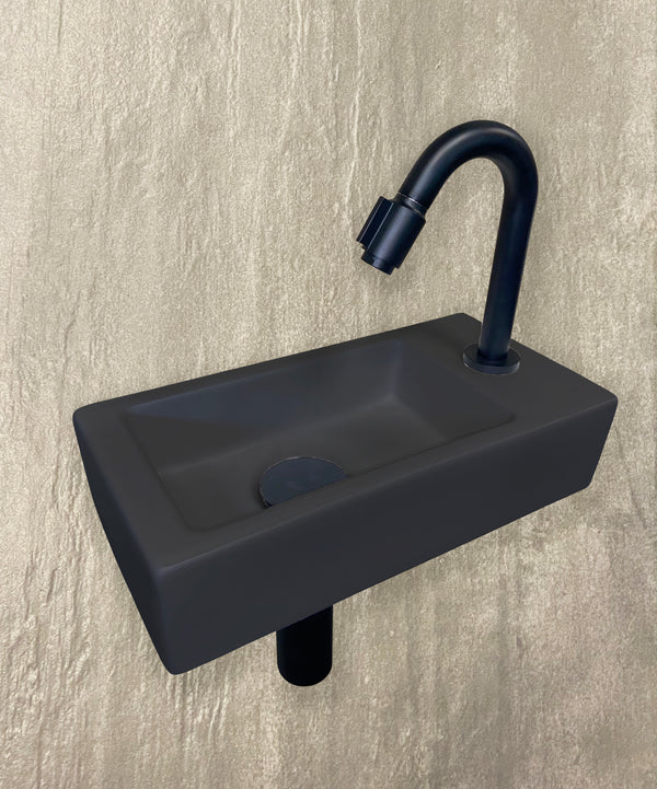 Fonteinset Rhea S mini rechts quartz, kraan, sifon en afvoerplug | 36x18x9cm | Mat zwart