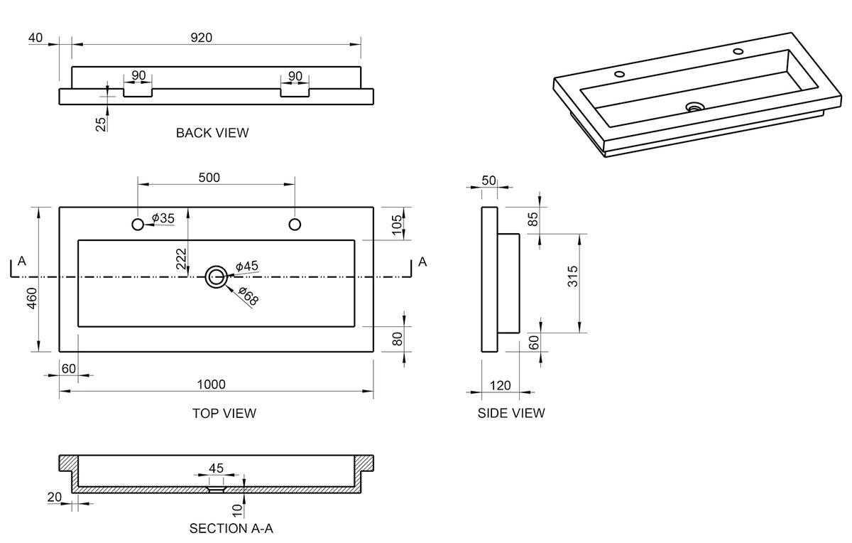 Lijntekening Raw meubelwastafel 100 x 46 x 5 cm hardsteen gezoet