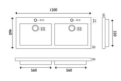 B-stone dubbele wastafel 120 x 46 cm zonder kraangat 8719323033191