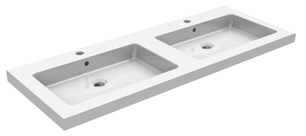 Kera wastafel dubbel met 2 kraangaten 120x46x5 cm keramiek glans wit - WDtegels