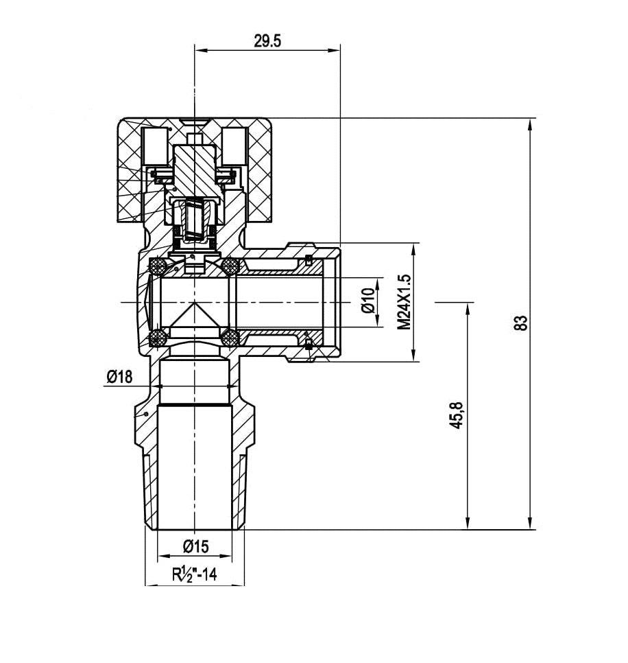 Lijntekening Gasaansluitkraan haaks Gastec 1/2 inch bu x M24 bu