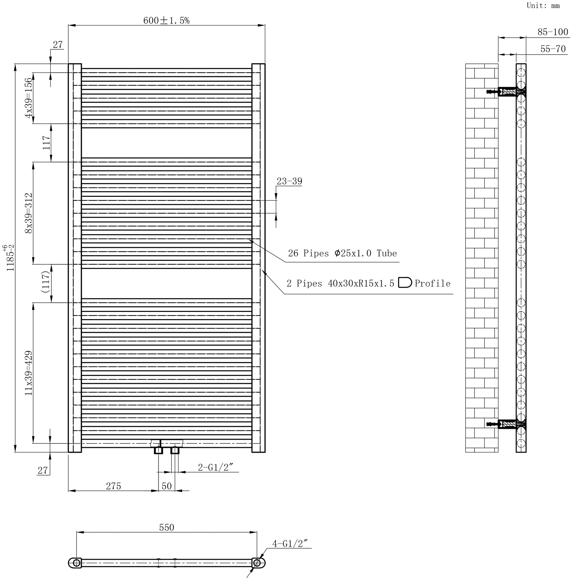 Wiesbaden Elara sierradiator | 118,5x60cm | Antraciet - WDtegels