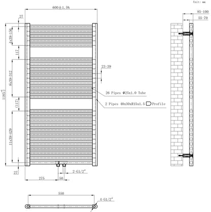 Wiesbaden Elara sierradiator | 118,5x60cm | Antraciet - WDtegels