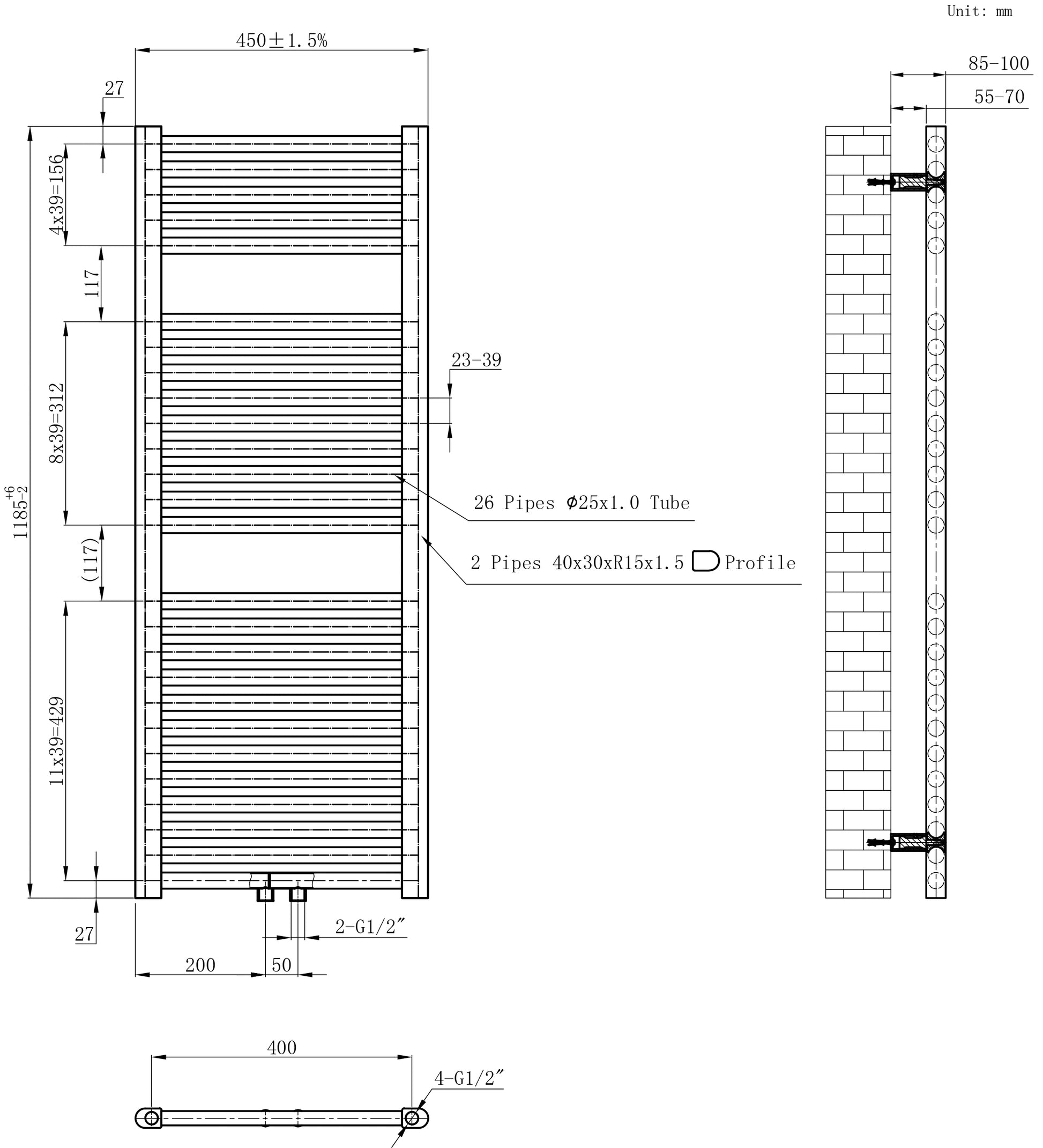 Wiesbaden Elara sierradiator | 118,5x45cm | Antraciet - WDtegels