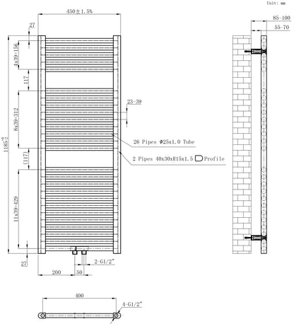 Wiesbaden Elara sierradiator | 118,5x45cm | Antraciet - WDtegels