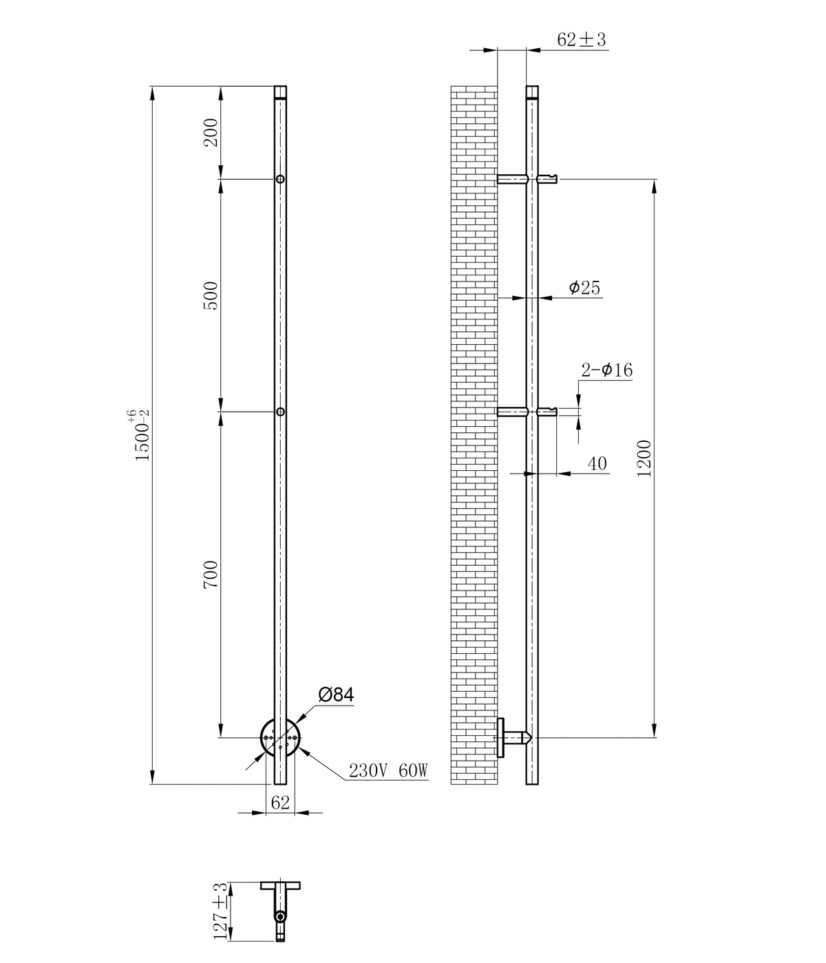 Maattekening Callista elektrische staafhanddoekradiator 60 Watt 150cm geborsteld brons koper PVD