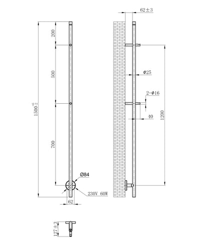 Maattekening Callista elektrische staafhanddoekradiator 60 Watt 150cm geborsteld brons koper PVD