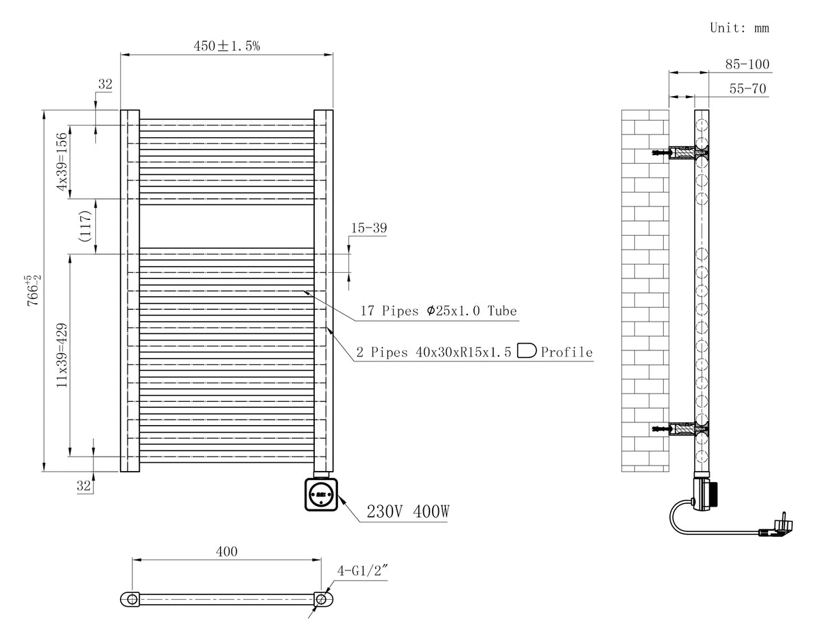 Maattekening Elara elektrische radiator Smart WiFi 76,6x45cm glans wit