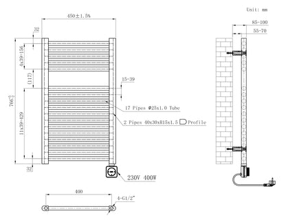 Maattekening Elara elektrische radiator Smart WiFi 76,6x45cm glans wit