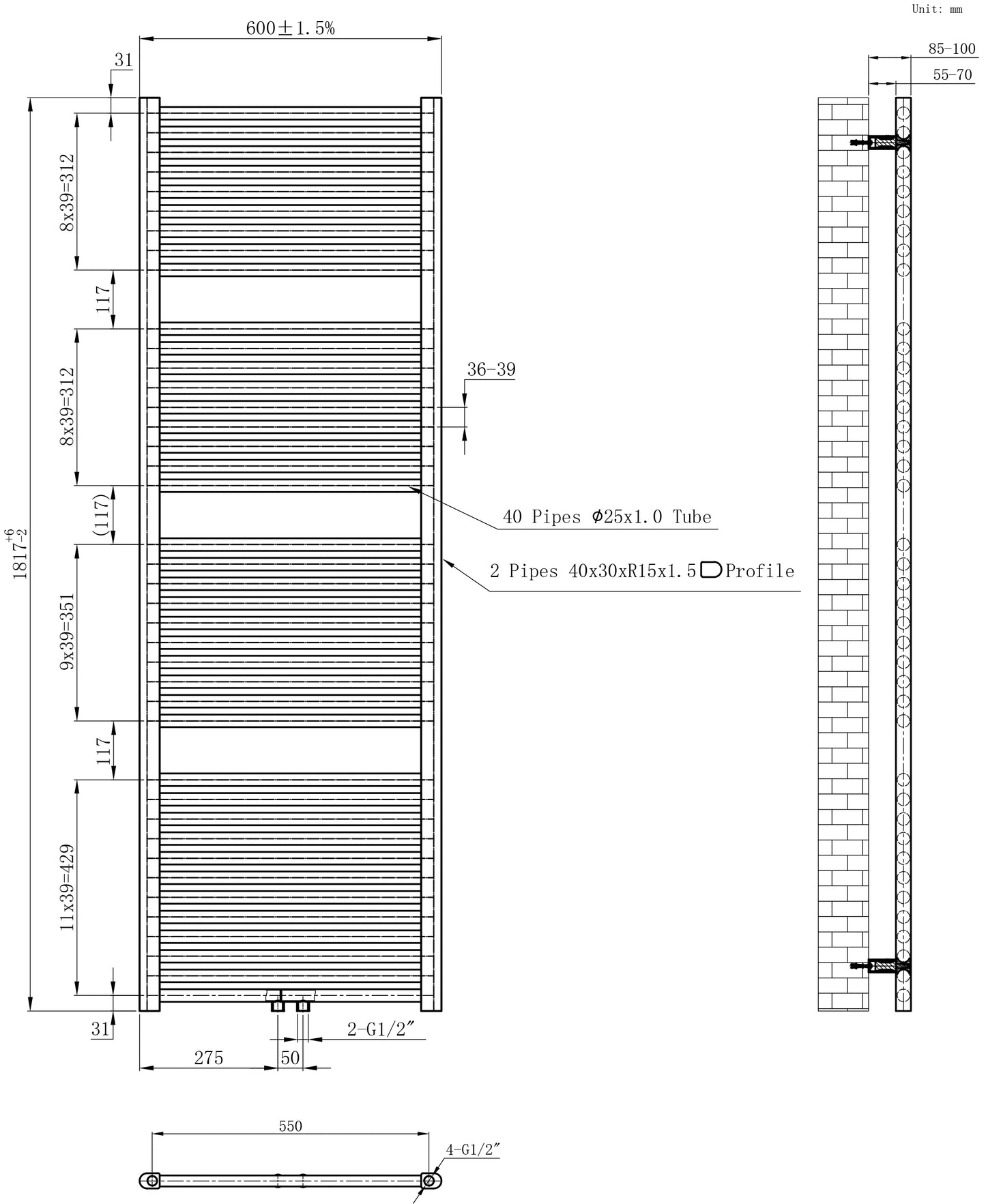 Wiesbaden Elara sierradiator | 181,7x60cm | Antraciet - WDtegels