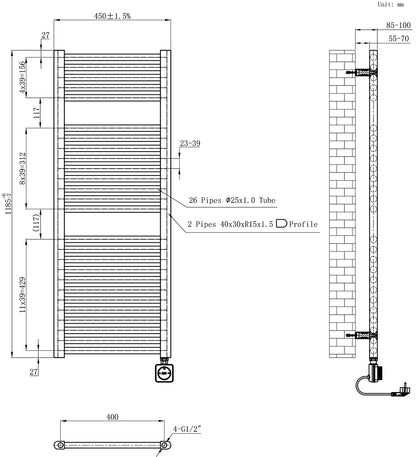 Elara elektrische radiator Smart WiFi | 118,5x45cm | Gunmetal PVD - WDtegels