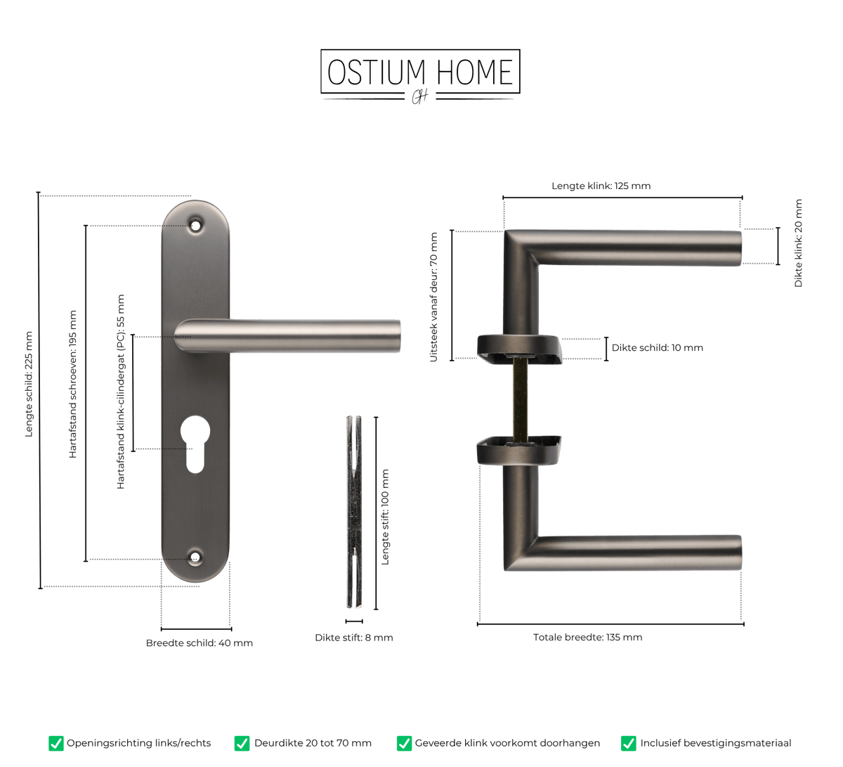 Maattekening van deurklink Torino in gun metal met cilindergat 55 mm