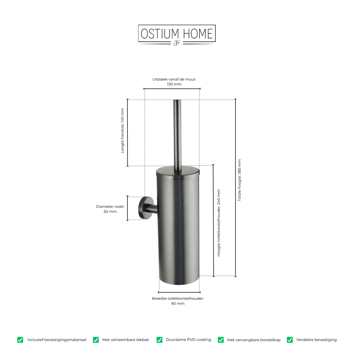 Maattekening van toiletborstel met wandhouder Spazzola in gun metal