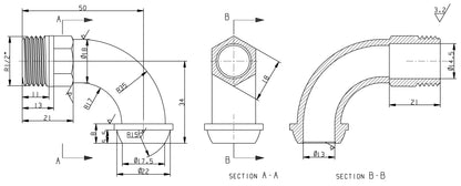 Lijntekening M-527 radiator-aansluitbocht 1/2 vernikkeld