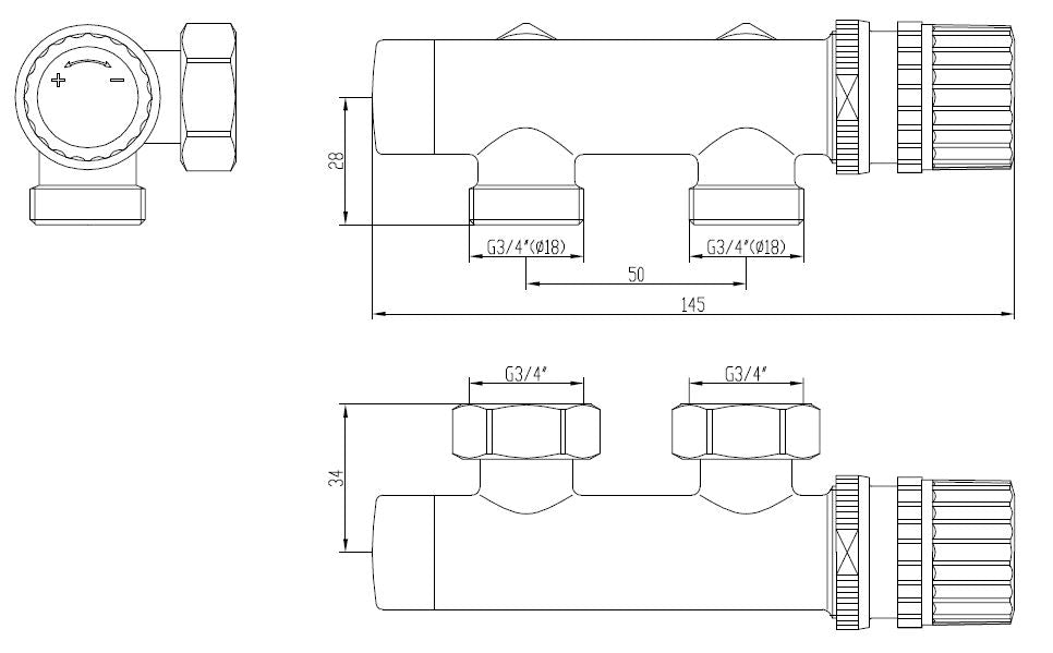 thermostatisch 3/4 onderblok haaks-rechts chroom - WDtegels