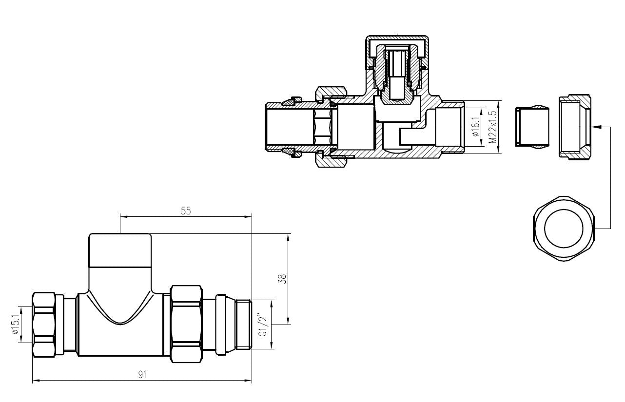 luxe regeltee 1/2''x15 (M22) knel recht chroom - WDtegels