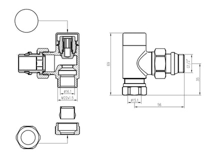 luxe regeltee 1/2''x15 (M22) knel haaks chroom - WDtegels