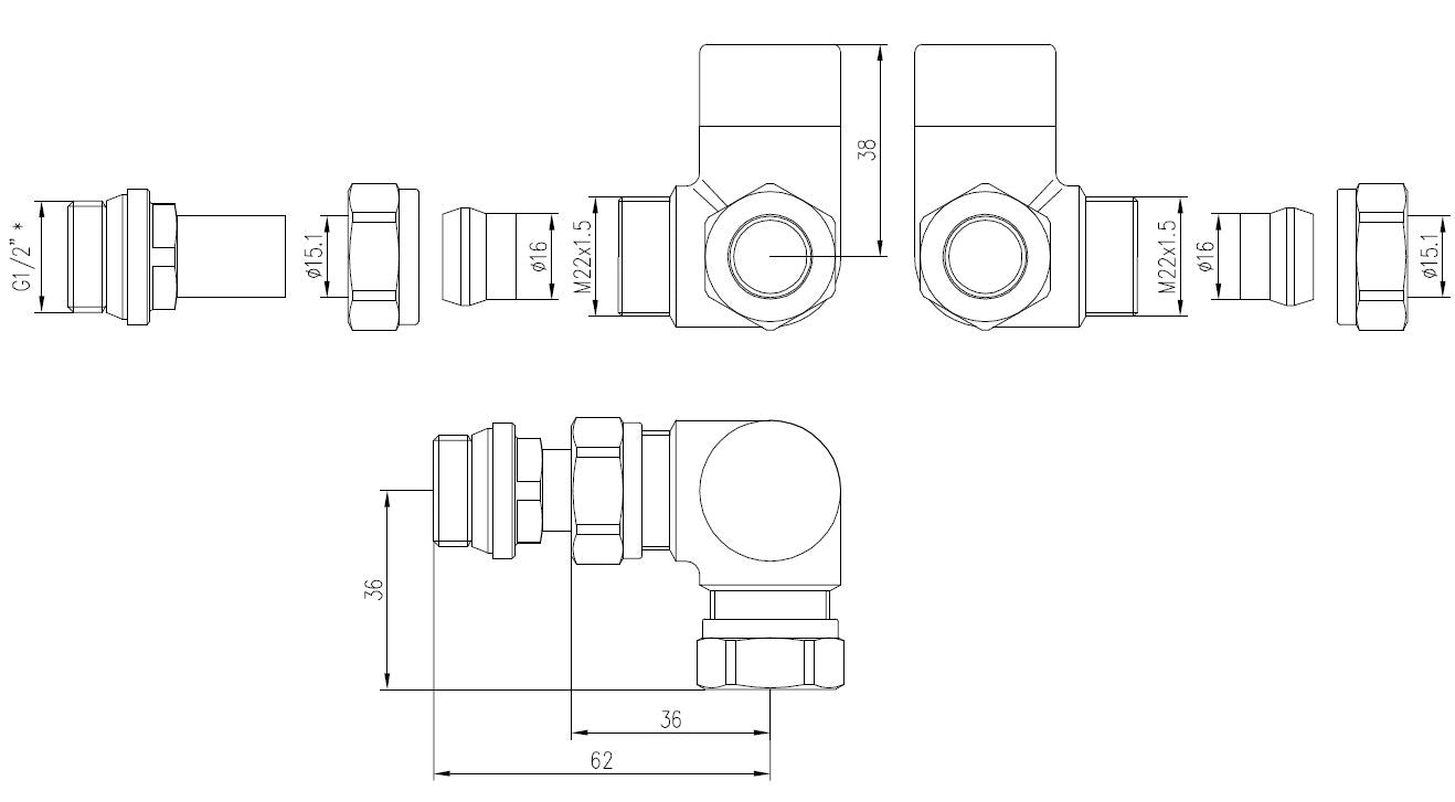 luxe regelvent. 1/2''x15 (M22) knel haaks verkeerd chroom - WDtegels