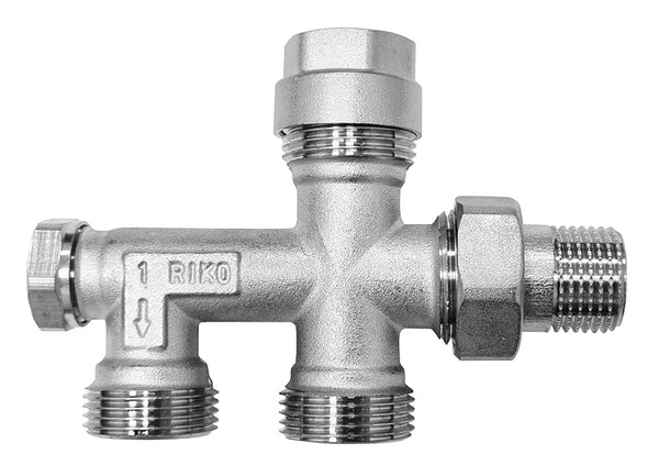 4-weg verdeler 1/2" x euro+adaptor 15mm x 2 x 3/4"