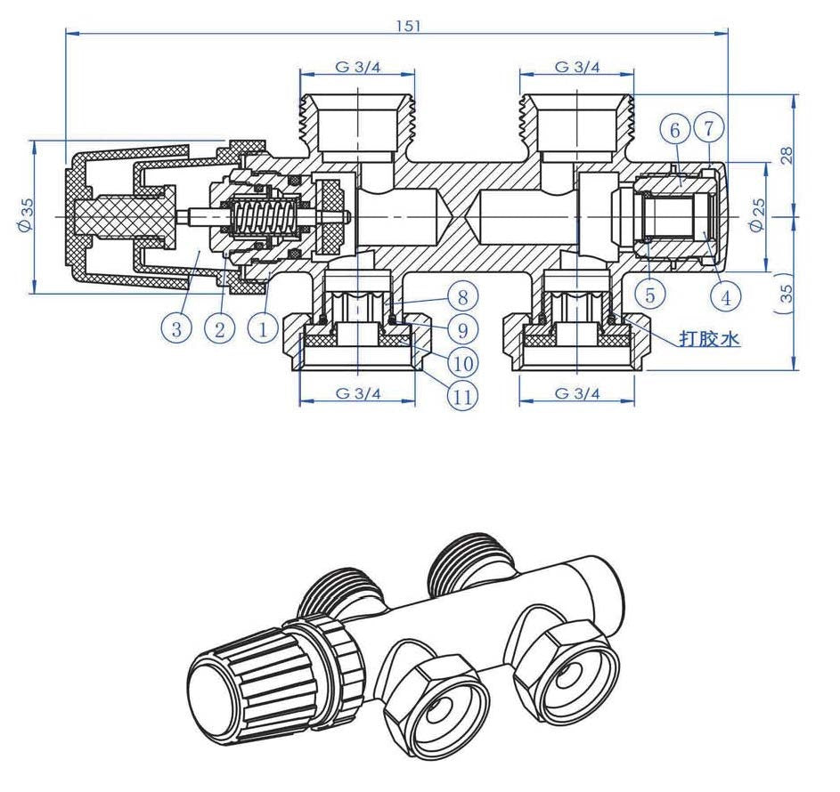 thermostatisch 3/4 onderblok recht mat zwart - WDtegels