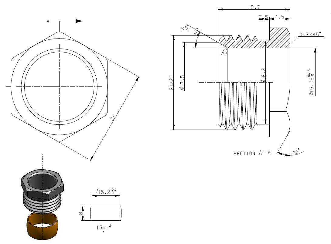 Lijntekening Knelset 1/2x15mm vernikkeld