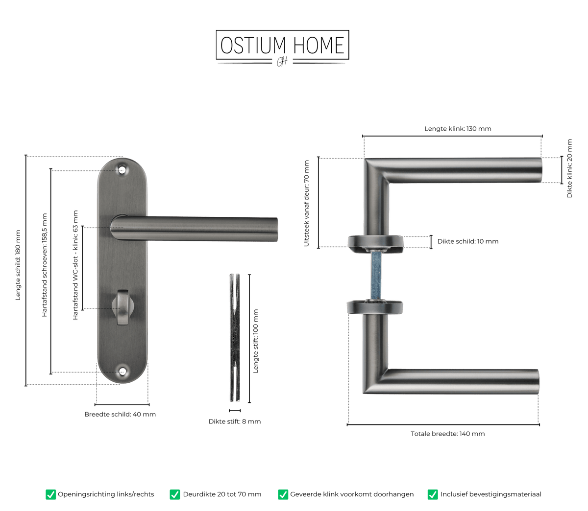Maattekening van deurklink Silvano in gun metal met WC-sluiting