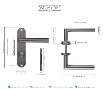 Maattekening van deurklink Silvano in gun metal met WC-sluiting