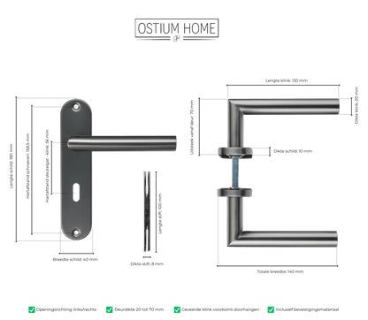 Maattekening van deurklink Silvano in gun metal met sleutelgat